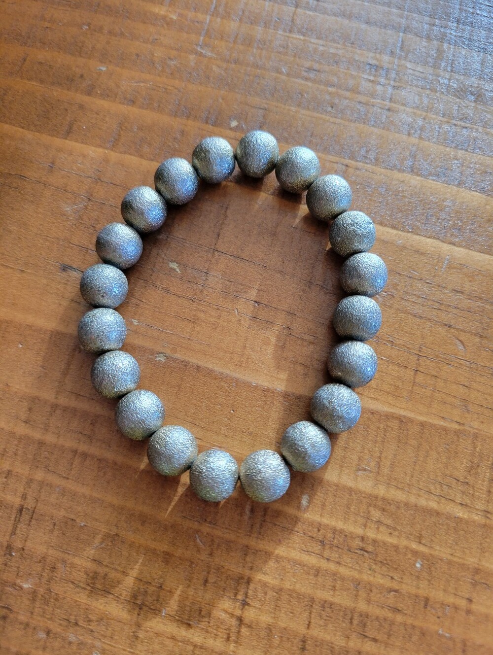 Brushed Silvery Gold Tone Stretchy Beaded Bracelet Textured Round Beads